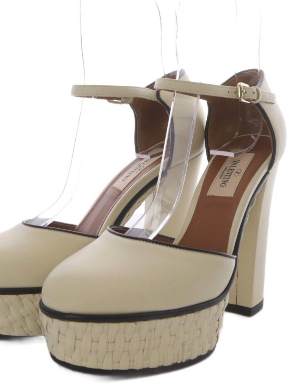 Valentino Garavani Cream Leather Raffia Platform Ankle Strap Pumps Sz 36